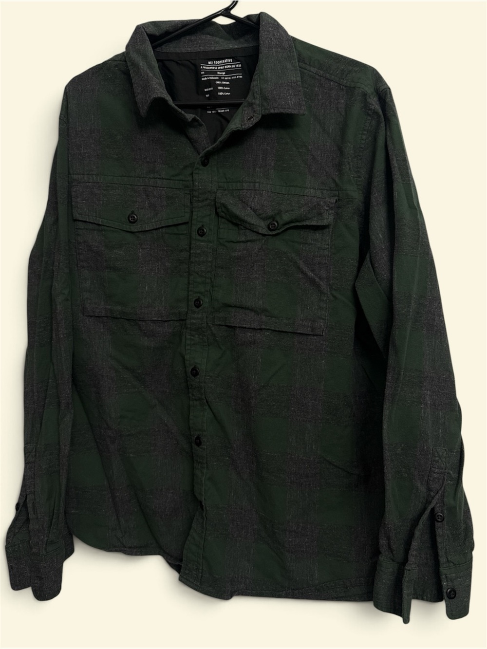 REI Cooperative Black & Green Long-Sleeve Plaid Flannel